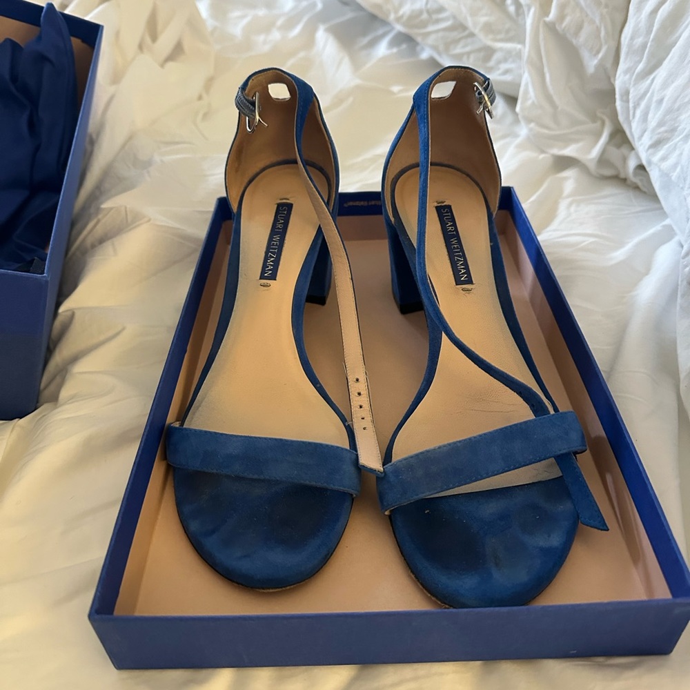 Stuart Weitzman Blue Suede Simple Block Heel